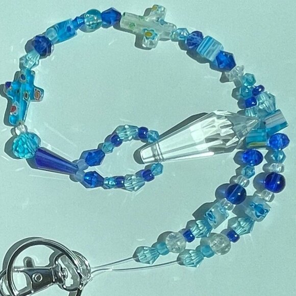Beaded Suncatcher Rearview Mirror Ornament Cross Blue Crystal Prism Car Charm - Picture 1 of 10